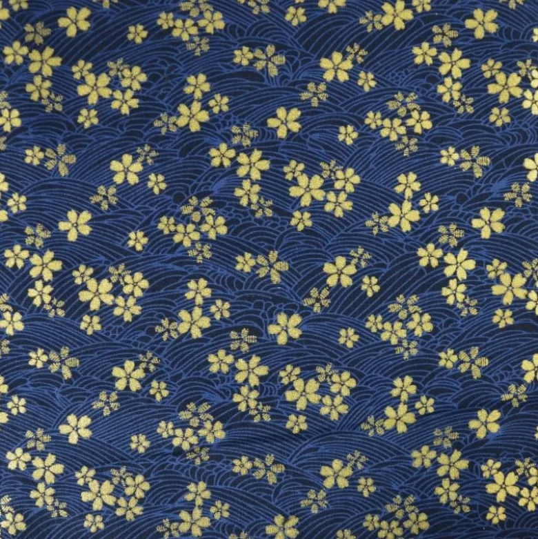 Tissu coton lourd Tatami motif fleurs et vagues japonaises Bleu - OEKO TEX