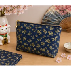Tissu coton lourd Tatami motif fleurs et vagues japonaises Bleu - OEKO TEX