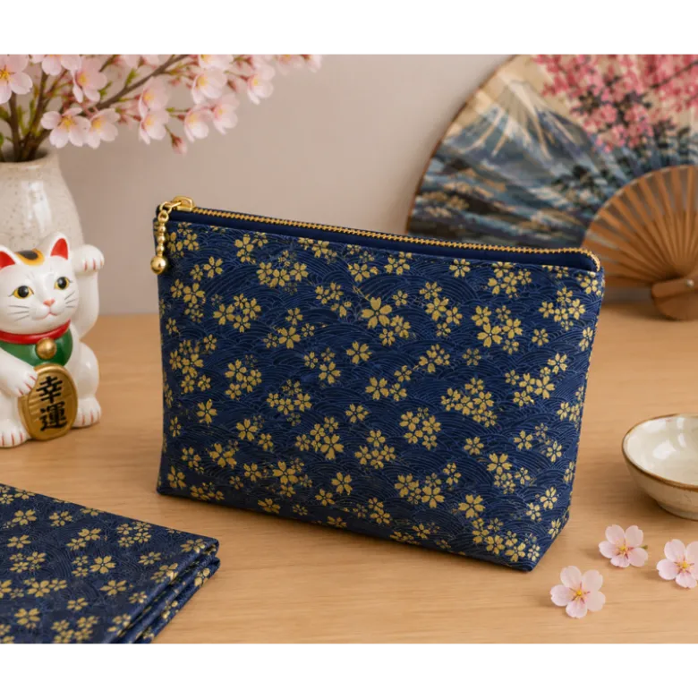 Tissu coton lourd Tatami motif fleurs et vagues japonaises Bleu - OEKO TEX