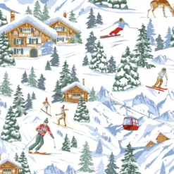 Tissu coton Meribel motif station de ski, montagne et skieur fond blanc