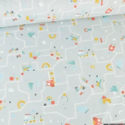 Tissu Coton Midril motif circuit de voiture fond gris bleu- OEKO TEX