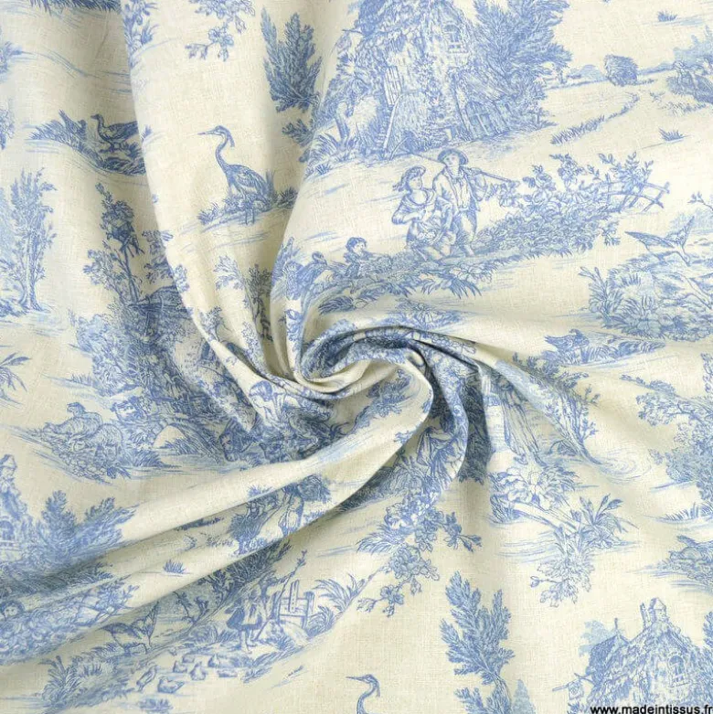 Tissu coton Mini Pastorale Toile de Jouy Lin et bleu - OEKO TEX