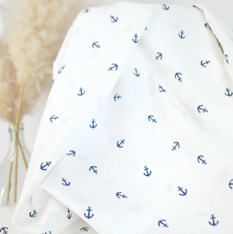 Tissu coton motif ancres de mer fond blanc cassé - OEKO TEX