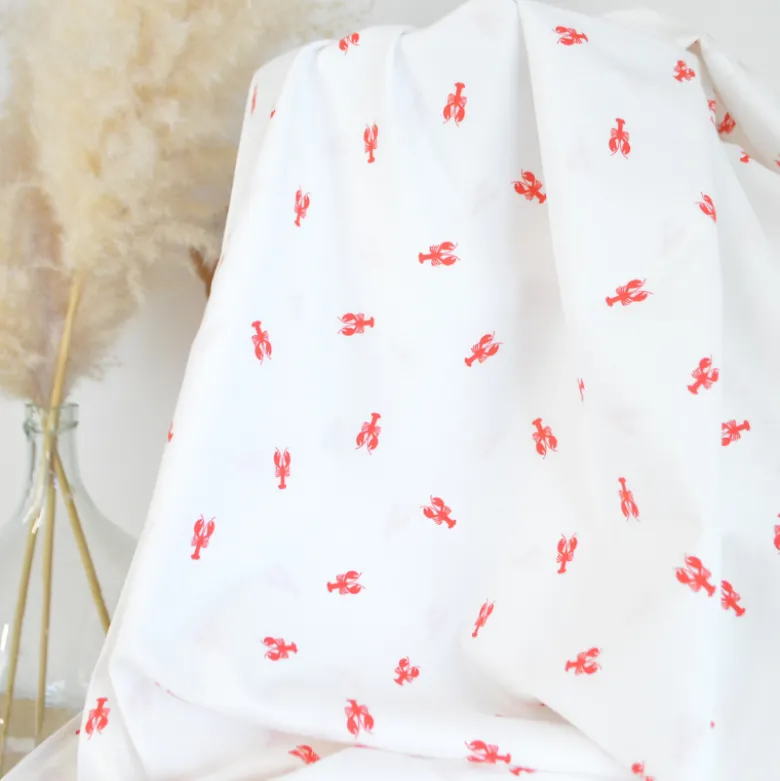 Tissu coton motif écrevisses fond blanc cassé - OEKO TEX