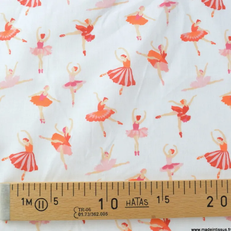 Tissu coton motif danseuse étoile rose fond blanc - OEKO TEX