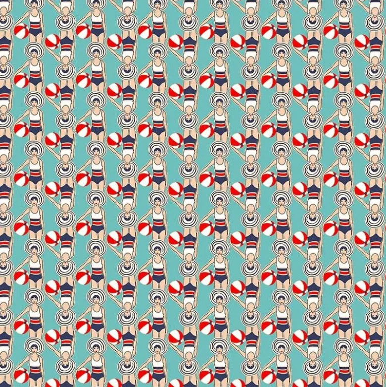 Tissu coton motif nageuse rétro fond turquoise - OEKO TEX