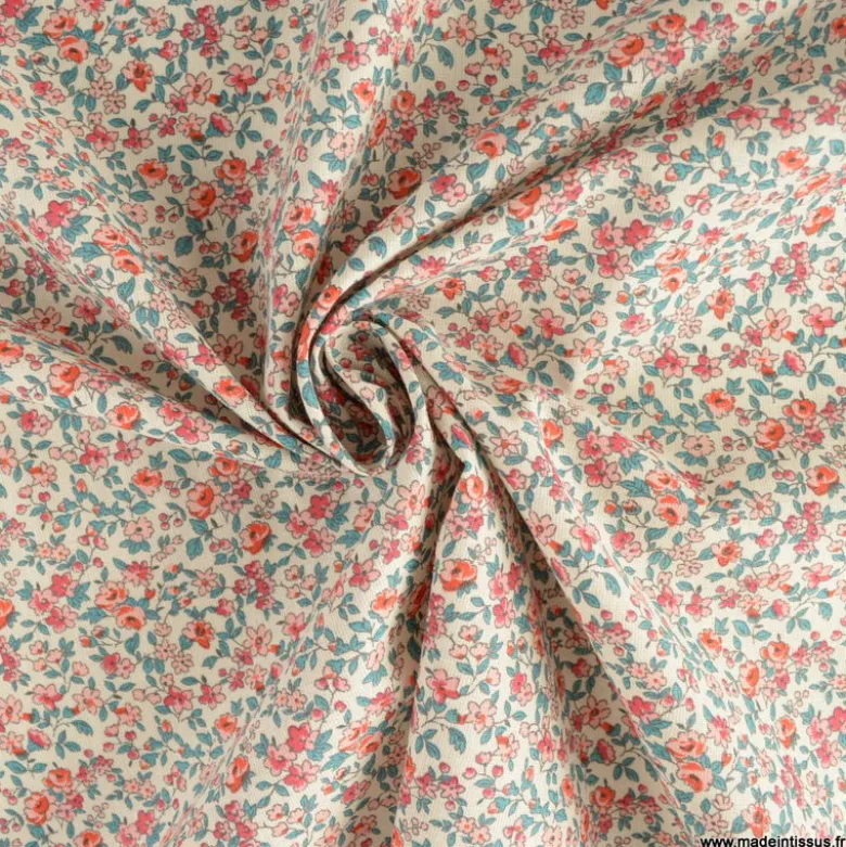Tissu coton motifs fleurs Léonie Corail - OEKO TEX