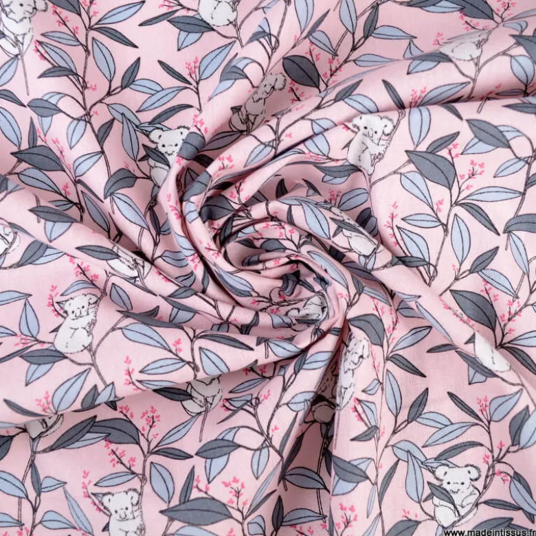 Tissu coton motifs Koalas fond rose - OEKO TEX