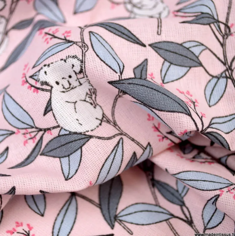 Tissu coton motifs Koalas fond rose - OEKO TEX