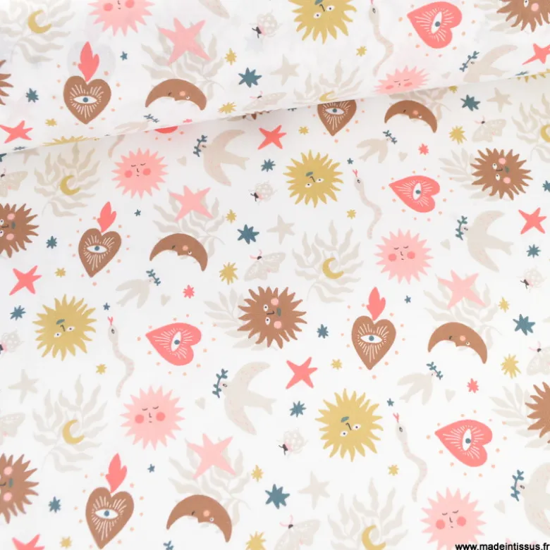 Tissu coton Mystic motif Ex-voto et soleil corail fond blanc - OEKO TEX