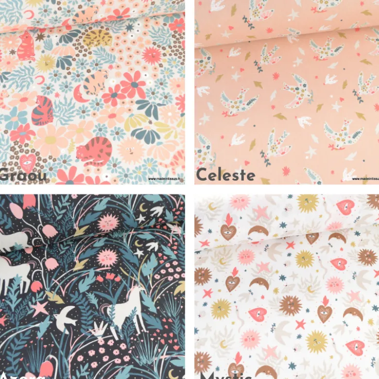 Tissu coton Mystic motif Ex-voto et soleil corail fond blanc - OEKO TEX