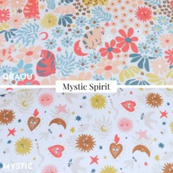 Tissu coton Mystic motif Ex-voto et soleil corail fond blanc - OEKO TEX