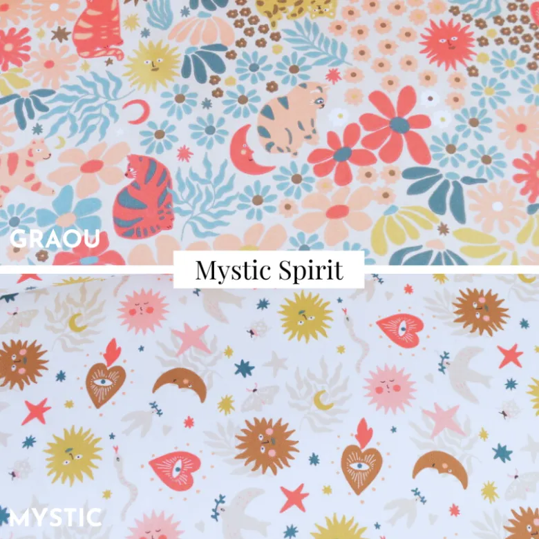 Tissu coton Mystic motif Ex-voto et soleil corail fond blanc - OEKO TEX