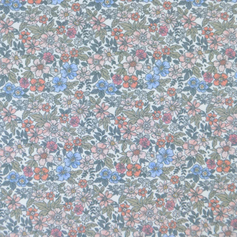 Tissu coton Natura motif petites fleurs vertes, corail et bleu