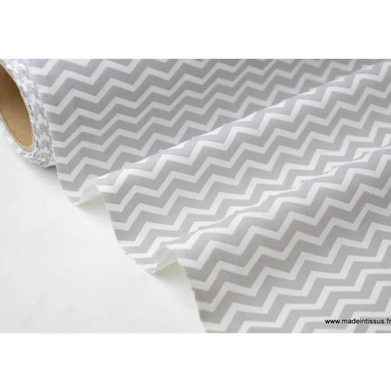 Tissu coton OEKO TEX imprimé chevrons zigzag GRIS au mètre
