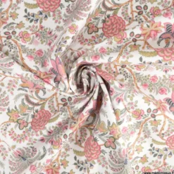 Tissu coton Palopa motif fleurs Indiennes roses fond blanc