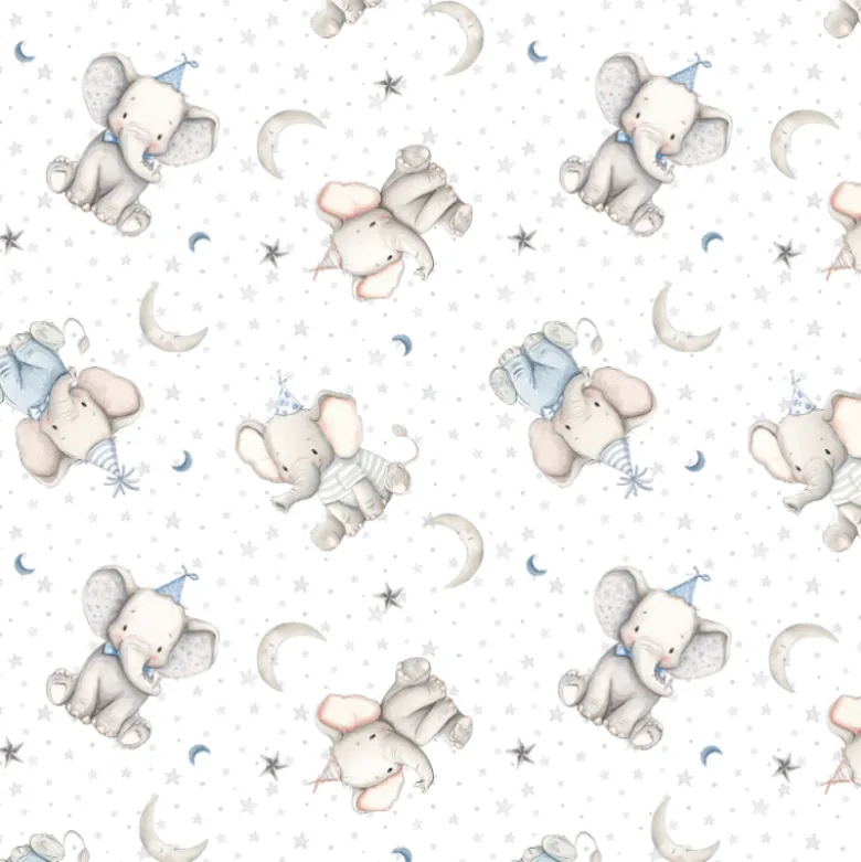 Tissu coton Pepo - Motif éléphants, étoiles et lunes fond blanc