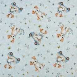 Tissu coton Puppy - Motif chiens en voiture fond bleu