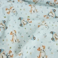 Tissu coton Puppy - Motif chiens en voiture fond bleu