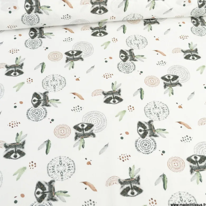 Tissu coton Ratoune motifs ratons laveurs fond blanc - OEKO TEX