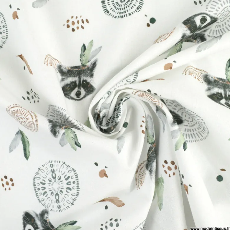 Tissu coton Ratoune motifs ratons laveurs fond blanc - OEKO TEX