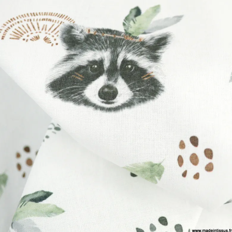 Tissu coton Ratoune motifs ratons laveurs fond blanc - OEKO TEX