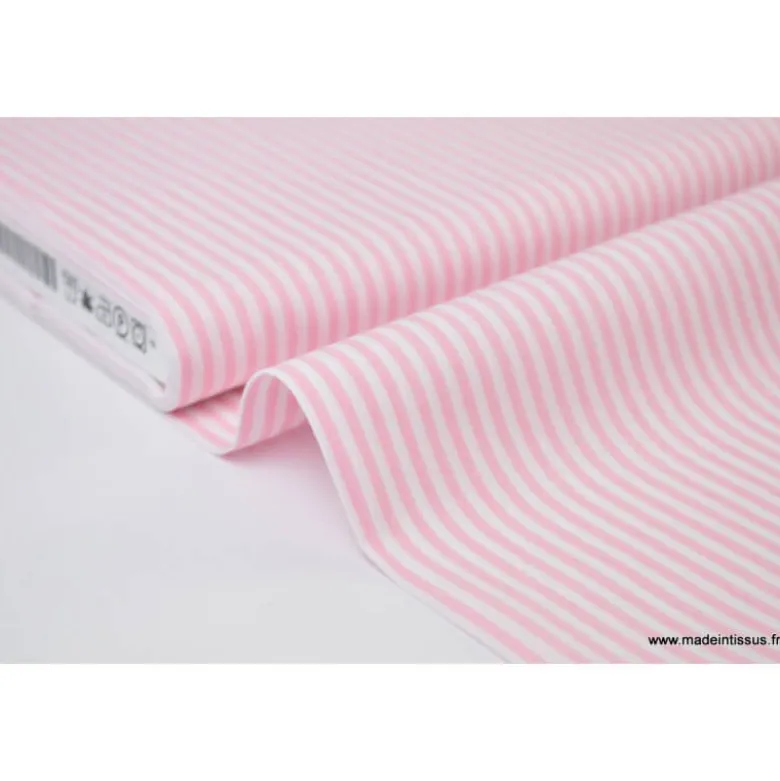 Tissu coton rayures roses et blanches tissé teint - OEKO TEX