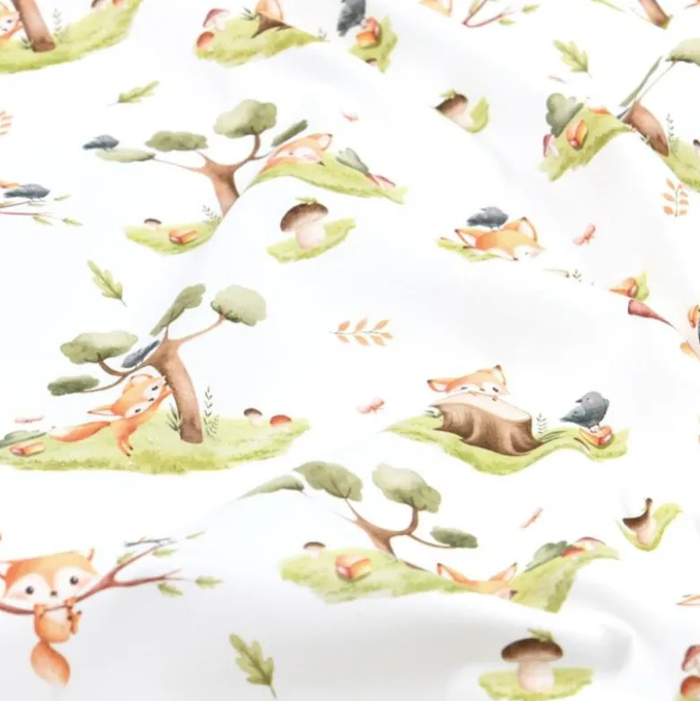 Tissu coton Renard motif petits renards et arbres fond blanc - OEKO TEX
