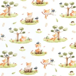Tissu coton Renard motif petits renards et arbres fond blanc - OEKO TEX