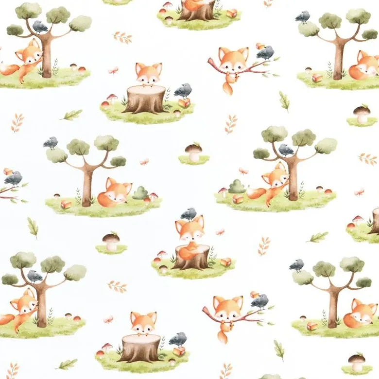 Tissu coton Renard motif petits renards et arbres fond blanc - OEKO TEX