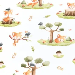 Tissu coton Renard motif petits renards et arbres fond blanc - OEKO TEX