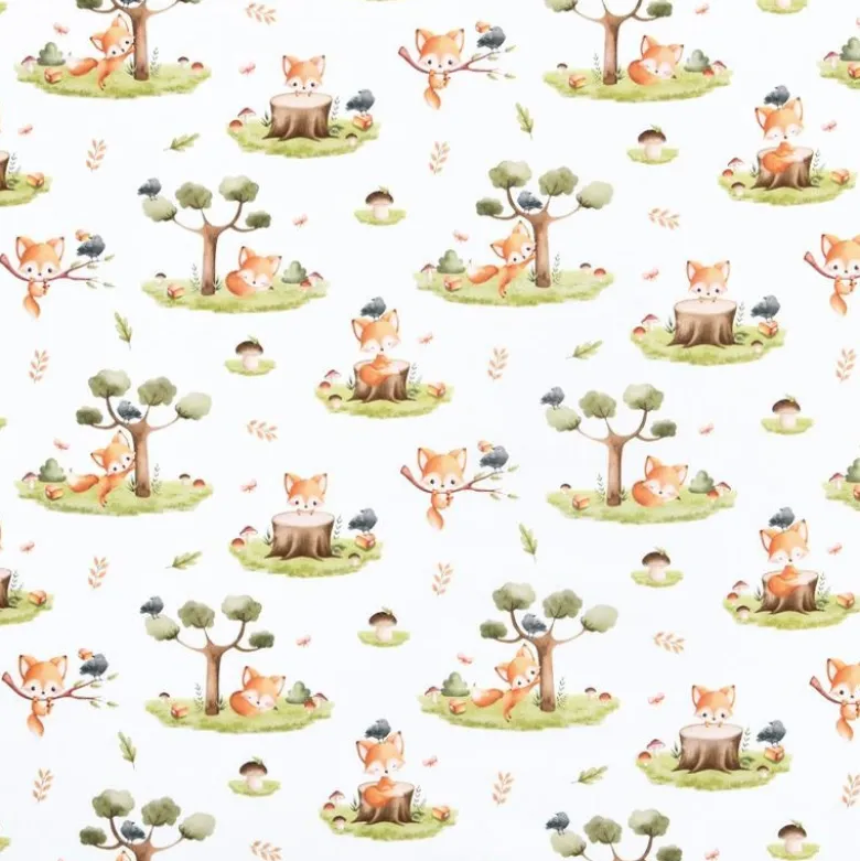 Tissu coton Renard motif petits renards et arbres fond blanc - OEKO TEX