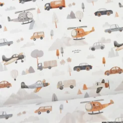 Tissu coton Roastrip motif voitures, avions, camions et hélicoptères -OEKO TEX