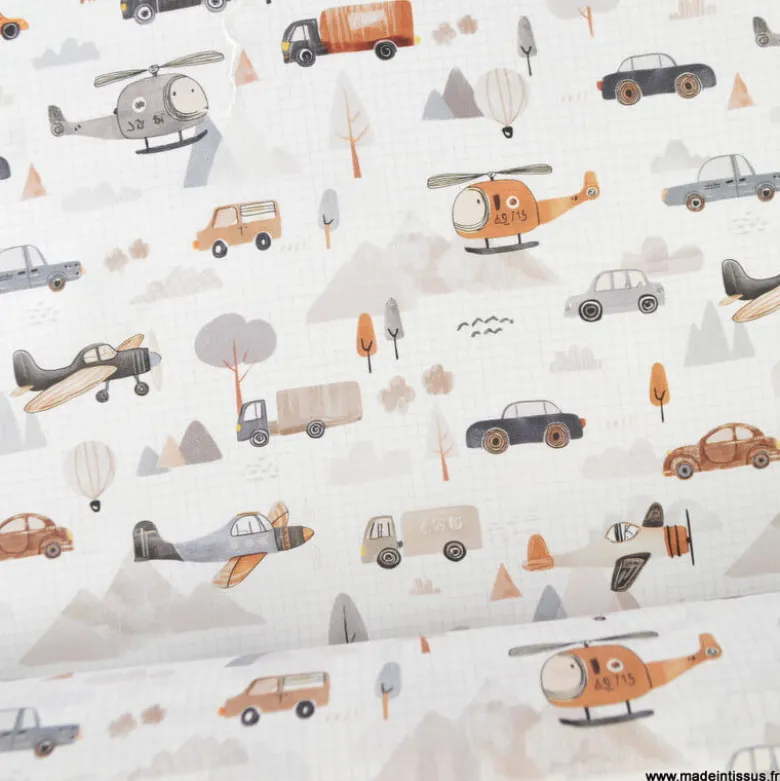 Tissu coton Roastrip motif voitures, avions, camions et hélicoptères -OEKO TEX