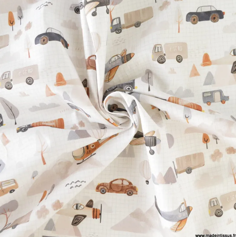 Tissu coton Roastrip motif voitures, avions, camions et hélicoptères -OEKO TEX