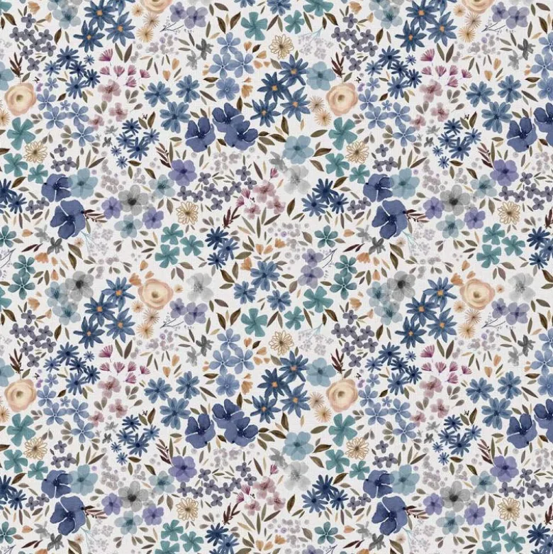 Tissu coton Romane fleurs bleues fond blanc - OEKO TEX