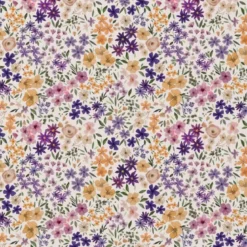 Tissu coton Romane fleurs violettes et jaune fond écru - OEKO TEX