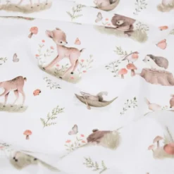 Tissu coton Roury motif animaux de la foret taupe fond blanc - OEKO TEX
