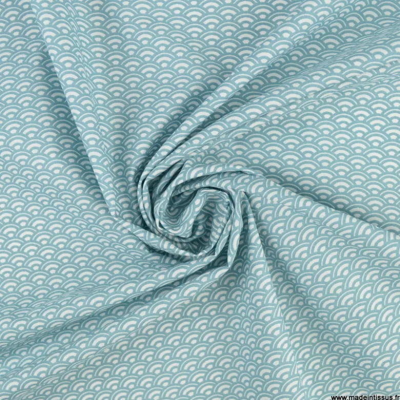 Tissu coton Saijo motif Wifi Nil et blanc - oeko tex