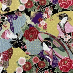 Tissu coton Sayuri motif Japonais rouge et doré