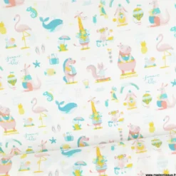 Tissu coton Sun motif animaux rose fond blanc