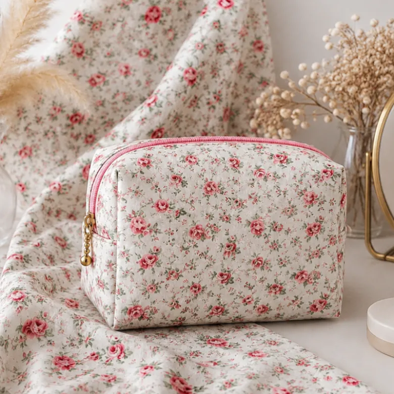 Tissu coton Suzanne motifs fleurs roses fond écru - OEKO TEX