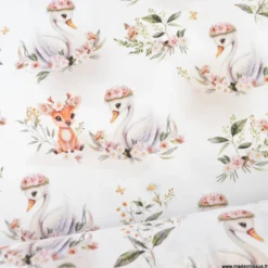 Tissu coton Swany – cygnes & faon fond blanc -OEKO TEX