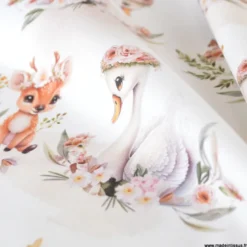 Tissu coton Swany – cygnes & faon fond blanc -OEKO TEX