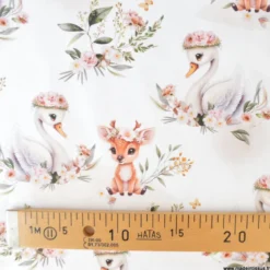 Tissu coton Swany – cygnes & faon fond blanc -OEKO TEX