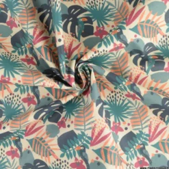 Tissu coton Tahoe motif perroquets et feuilles exotiques pétrole