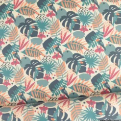 Tissu coton Tahoe motif perroquets et feuilles exotiques pétrole