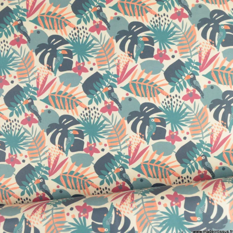 Tissu coton Tahoe motif perroquets et feuilles exotiques pétrole