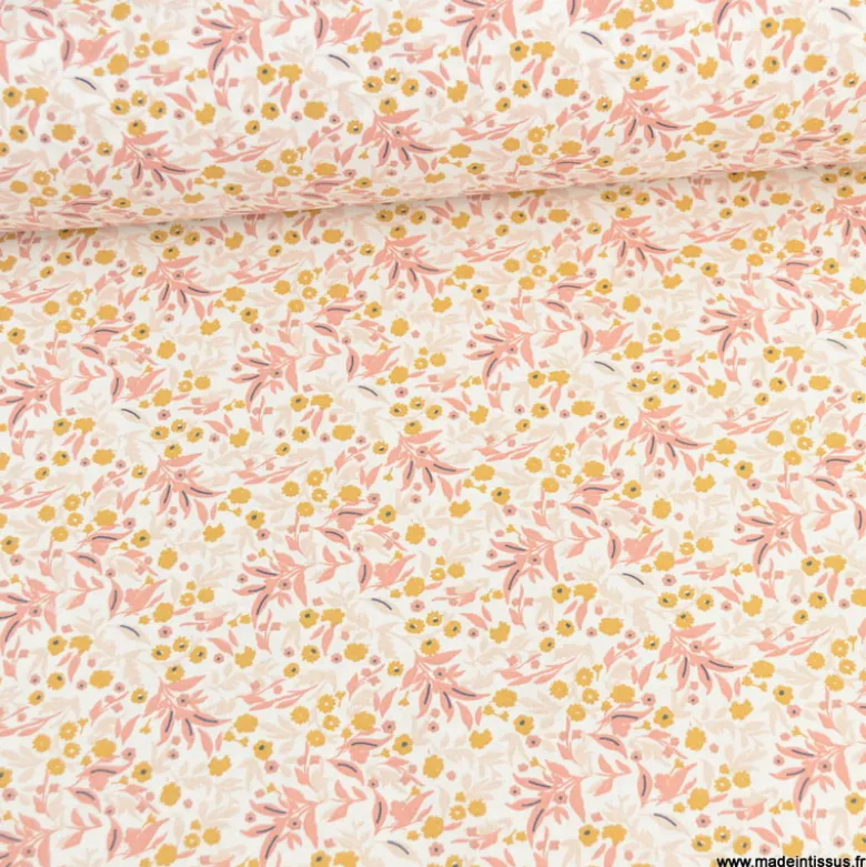 Tissu coton Tisania imprimé fleurs Marsala et Ocre - OEKO TEX
