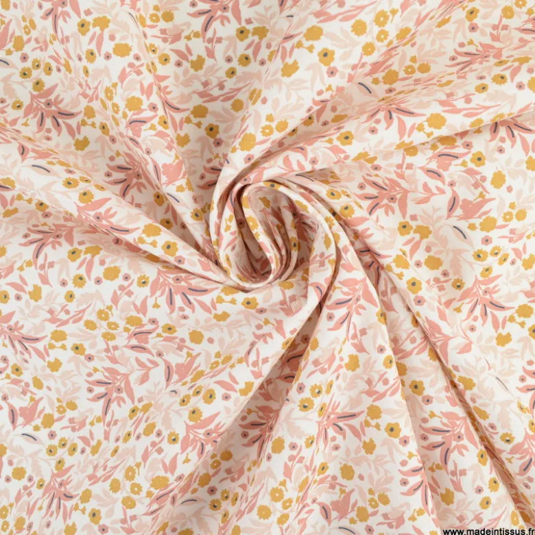 Tissu coton Tisania imprimé fleurs Marsala et Ocre - OEKO TEX